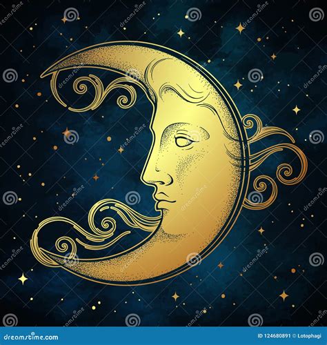 Crescent Moon And Stars In Antique Style Hand Drawn Line Art And