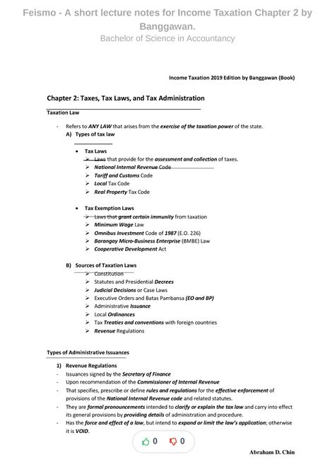 Feismo A Short Lecture Notes For Income Taxation Chapter By Banggawan