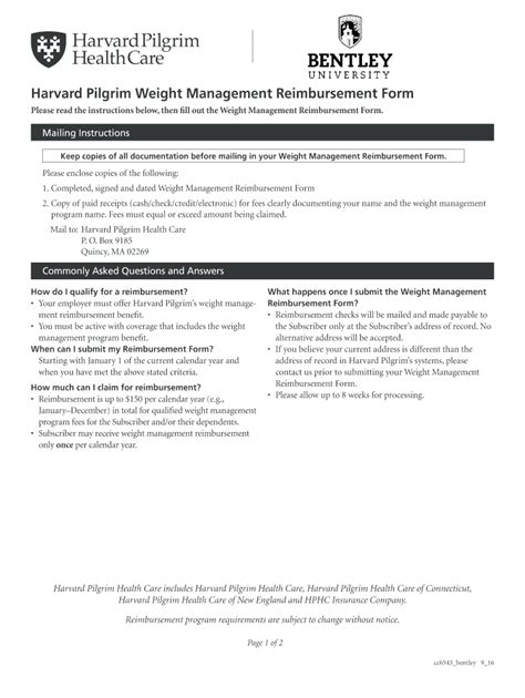 Fillable Online Harvard Pilgrim Weight Management Reimbursement Form