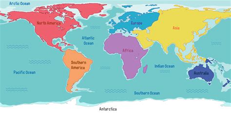 carte du monde avec les noms des continents et des océans Art vectoriel chez Vecteezy