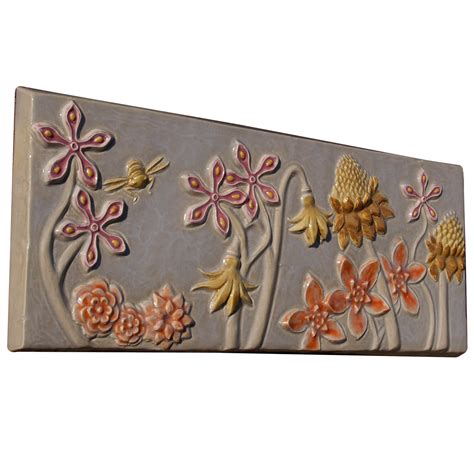 Botanical And Bees Ceramic Art Tile Sculpted In Low Relief