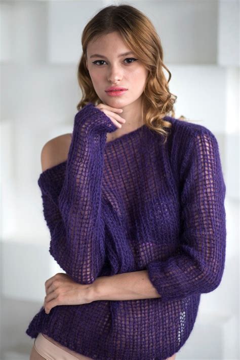 Purple Light Mohair Sweater Sexy Off Shoulder Sweater Loose Etsy