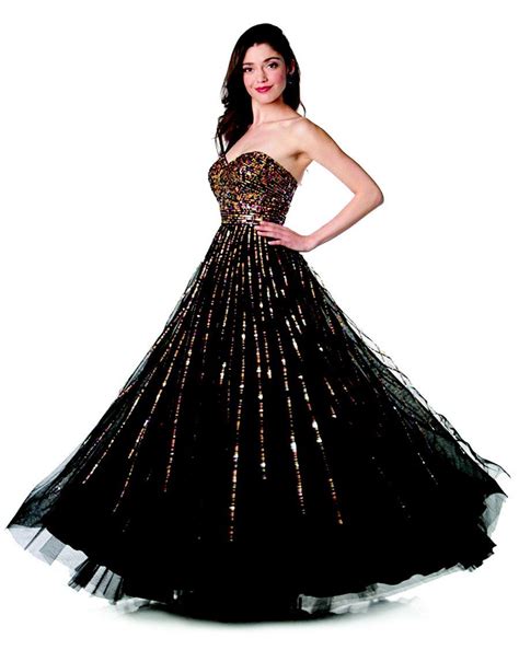 Black Ball Gown Strapless Sweetheart Gold Sequins Flowy Poofy Skirt