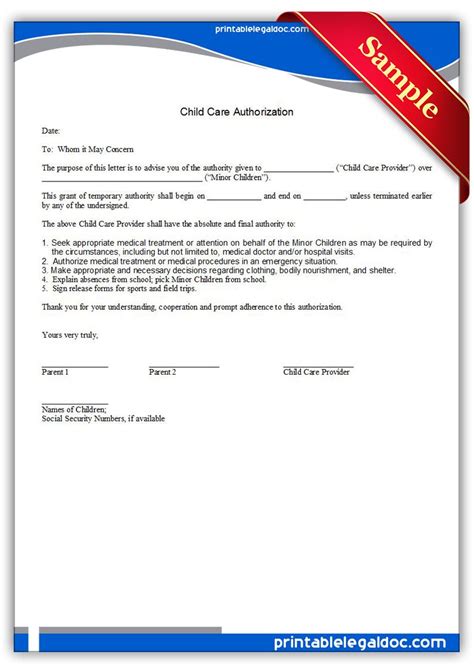 printable child care authorization legal forms