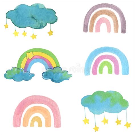 Cute Rainbows And Clouds Watercolor Illustration Stock Vector