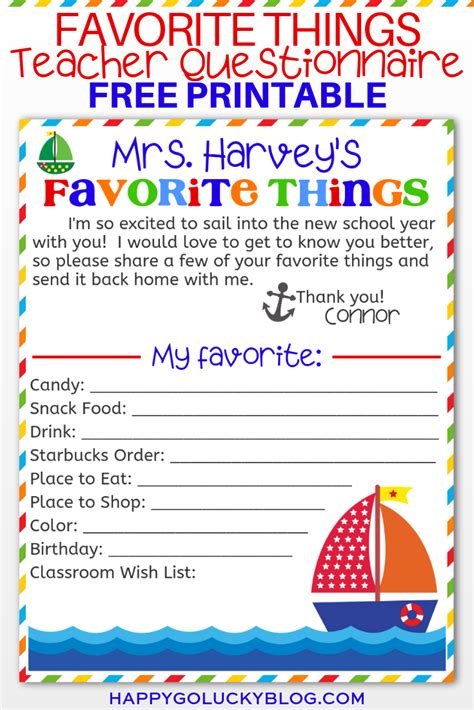 Teachers Favorite Things Printable Questionnaire Teacher Favorite