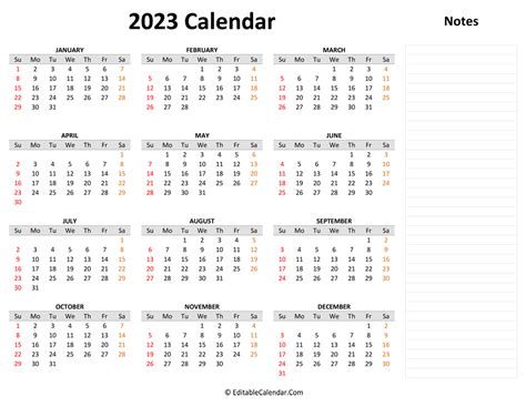 2023 Yearly Calendar With Notes Printable Yearly Calendar 2023 Free