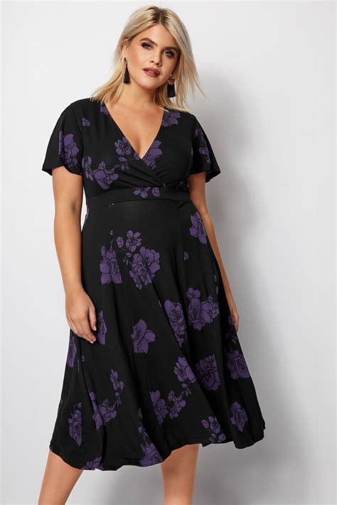 Black Floral Fit And Flare Wrap Dress Plus Size 16 To 36