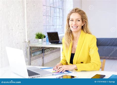 Beautiful Blond Businesswoman Working On Notebook In The Office Stock