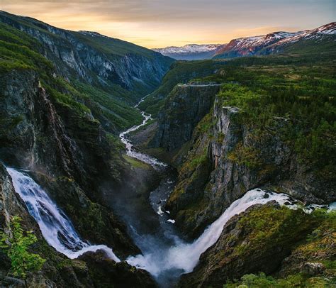 Nature Landscape Canyon River Mountain Snowy Peak Waterfall Norway