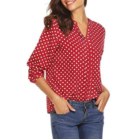 Plus Size Fashion Polka Dot Print Women Shirt V Neck Long Sleeve Loose