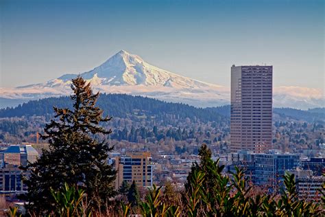 Mount Hood Dominates The Skyline Outside Of Portland Or On A Clear
