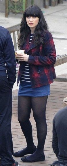 Zooey Deschanels Red Plaid Jacket And Blue Mini Skirt On New Girl