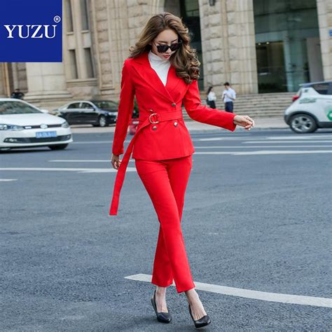 Red Pant Suits For Women Winter Blazer Double Breasted Long Sleeve Belt