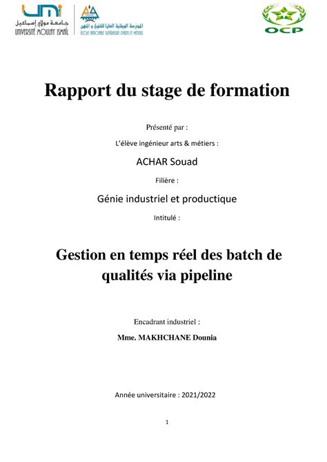 Ocp Industrie Rapport Du Stage De Formation Présenté Par Lélève