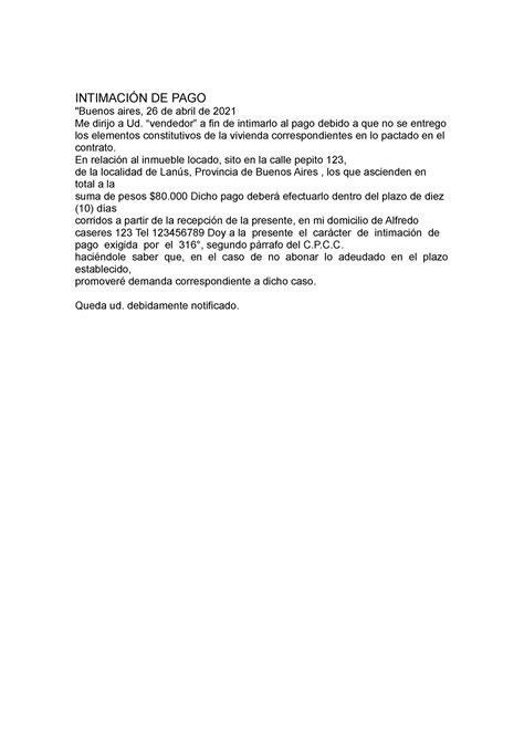 Carta Documento Intimación De Pago IntimaciÓn De Pago Buenos Aires