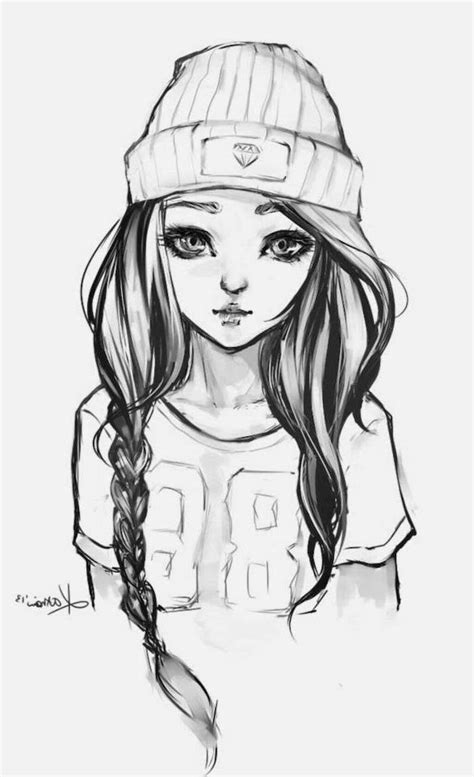 Black And White Sketch How To Draw A Girl Face Long Black Braided Hair Beanie On Head