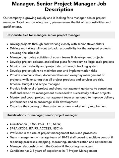 Manager Senior Project Manager Job Description Velvet Jobs