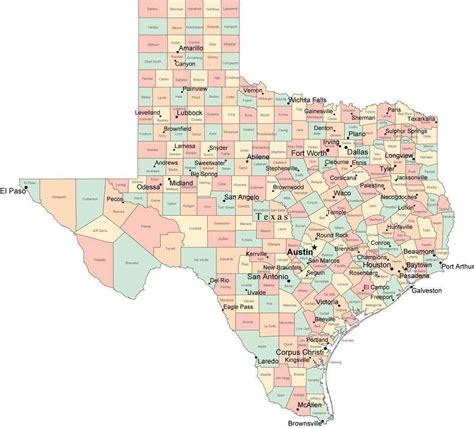 Multi Color Texas Map With Counties Capitals And Major Cities Texas