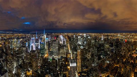 New York Cityscape At Night Aerial View Panorama United States Of