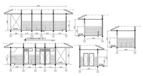 Toilet Four Side Wall Elevation With Working Drawing