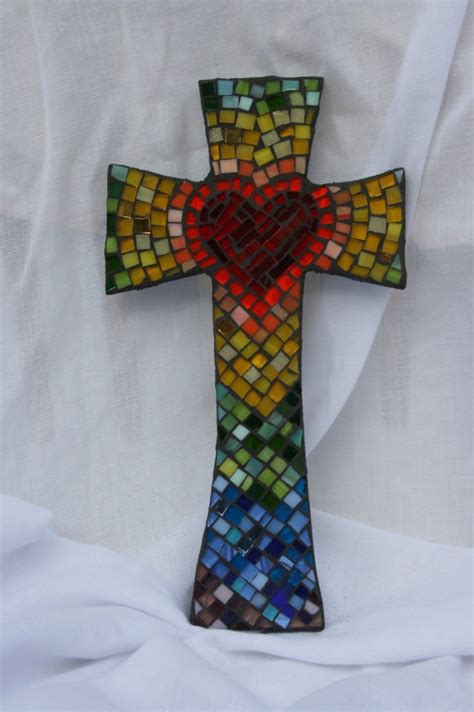 Mosaic Cross With Heart In Center Multicolored 3000 Via Etsy