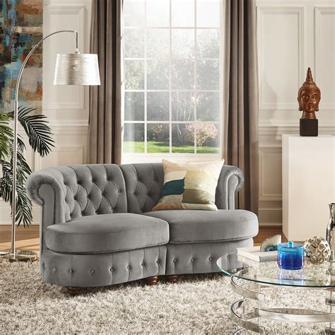 Velvet Tufted Scroll Arm Chesterfield Curved Loveseat Grey Grey
