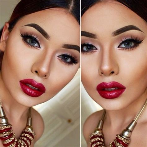 two photos of a woman with red lipstick and gold jewelry on her face one is showing