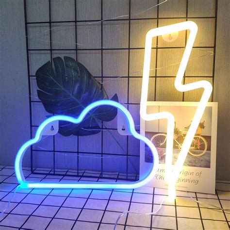 Led Neon Light Sign Blue Cloud Neon Sign And Warm White Lightning Neon Sign Combination Hanging