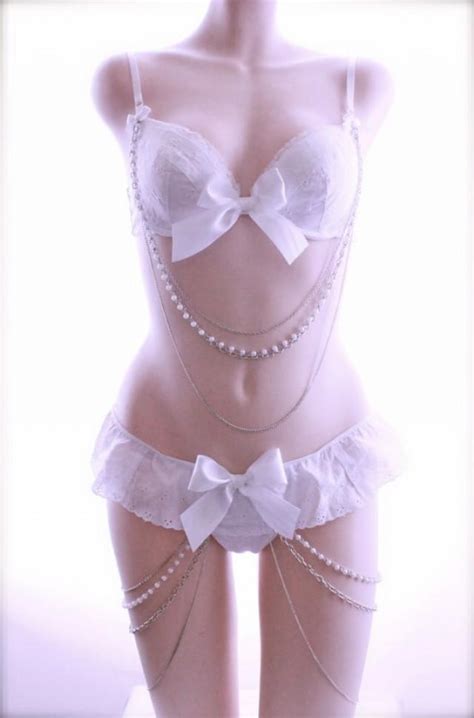 B Med White Eyelet Pearls Chains And Bows Bra And Panty Set Burlesque Wedding Night Bridal