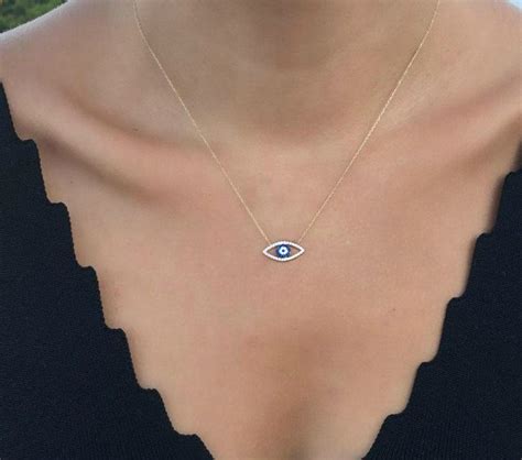 K Solid Yellow Gold Evil Eye Necklace Dainty Evil Eye Etsy