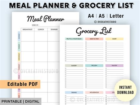 Editable Weekly Meal Planner Grocery List Printable Etsy Uk