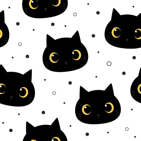 Cute Big Eye Black Cat Kitten Cartoon Doodle Seamless Pattern Kitten
