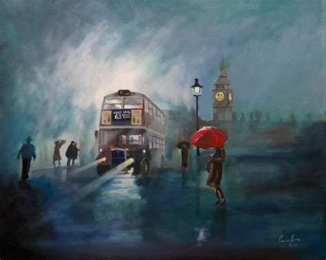 London Painting Rain Red Umbrella Painting By Gordon Bruce Fine Art