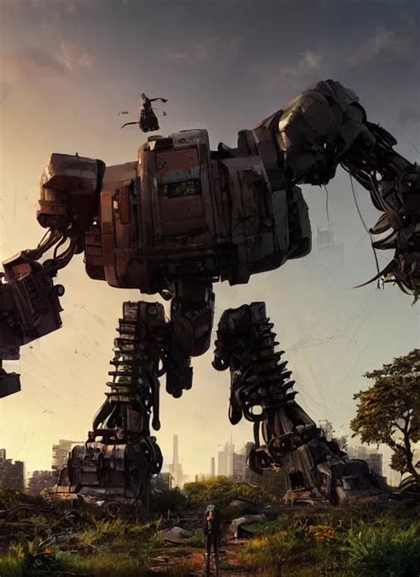 A Giant Robot In City Ruins Overtaken By Vegetation Stable Diffusion