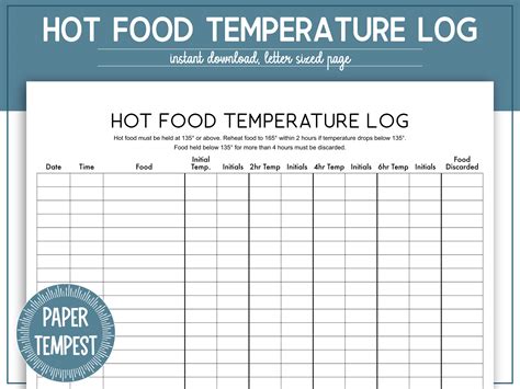 Printable Hot Food Temperature Log Hot Food Holding Temperature Chart Food Temperature Recording