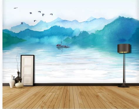 Ombre Blue Ink Mountains Mural Wallpaper Abstract Mountain