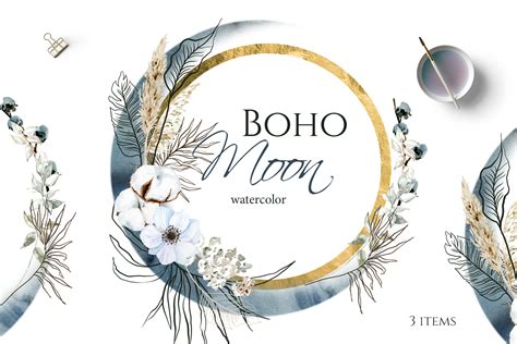 Illustrations Clipart Boho Round Floral Frame With Blue Moon