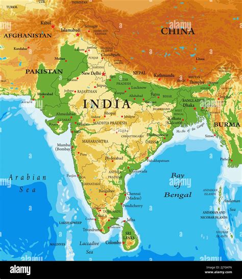 Sehr Detaillierte Physische Karte Von Indien Im Vektorformat Mit