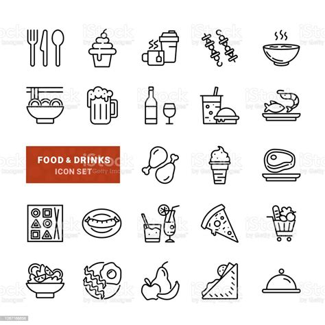 Ilustración De Conjunto De Iconos De Alimentos Y Bebidas Y Más Vectores