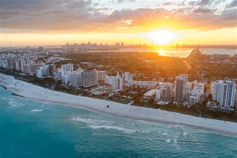 Miami Beach Coastline At Dusk Amazing Sunset View From Helicopter