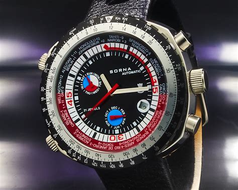 Retro Automatic Sorna Gmt World Time Watch • Blue • Vintage Style Mens