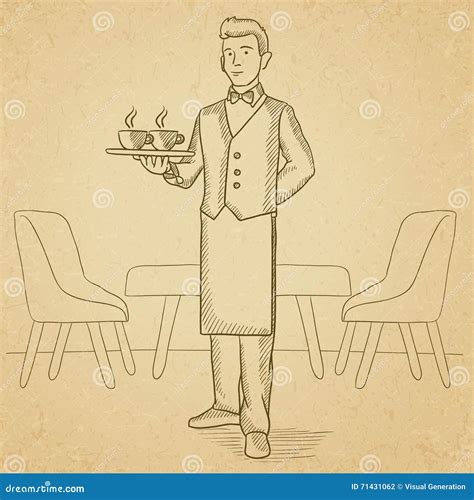 Waiter Holding Tray With Beverages Stock Vector Illustration Of