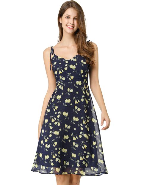 Womens Spaghetti Strap Summer Midi Floral Print Dress Blue L Walmart