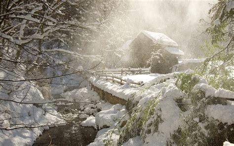 Cottage Cabin Snow Winter Forest Trees Stream Hd Wallpaper