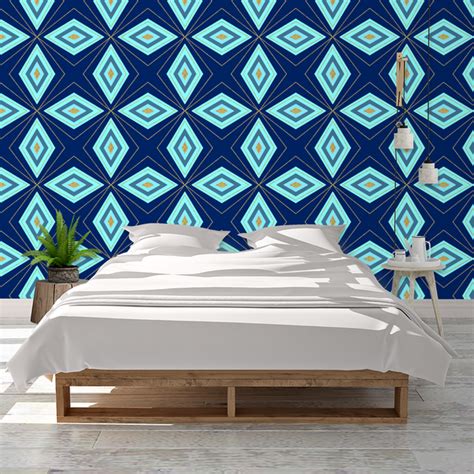 Blue And Gold Retro Diamond Pattern Wallpaper Raspberry Creek Fabrics