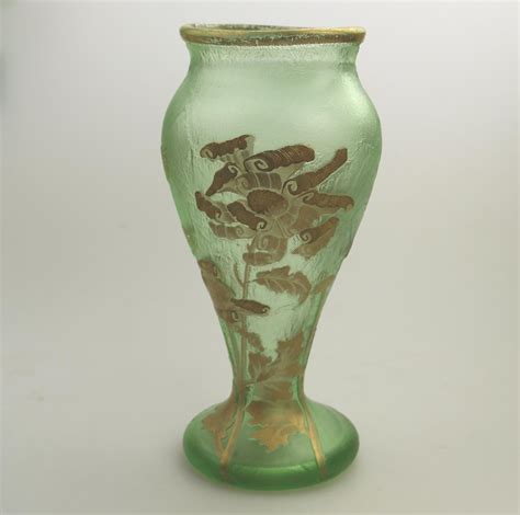 Antique French Art Glass A Good Mont Joye Legras Acid Etched Gilt Vase