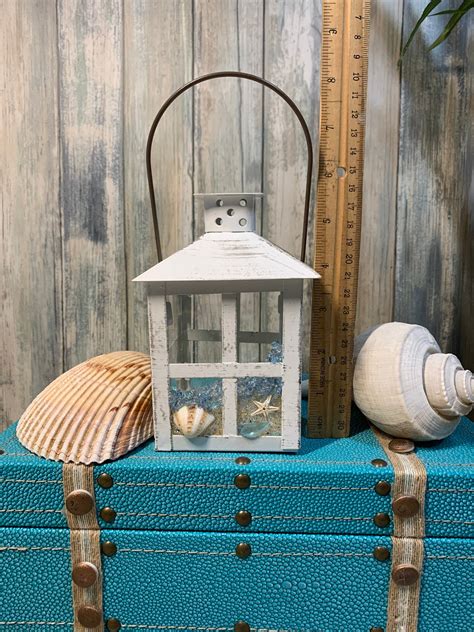 coastal lantern medium beach scene seashells glass beach house decor the height with