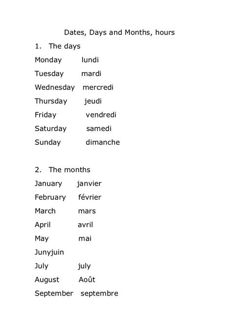 French Dates Monthsdays