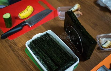 Ingredients For Sushi And Rolls Preparation Of Food Stock Photo